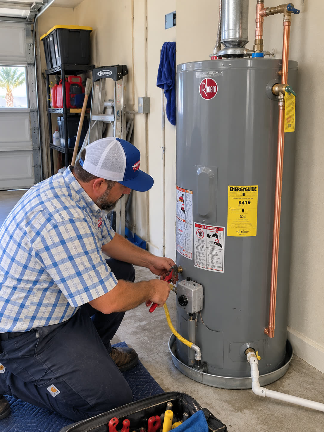 A Johnny Doan Plumbing technician working on a tank water heater in a customer's garage